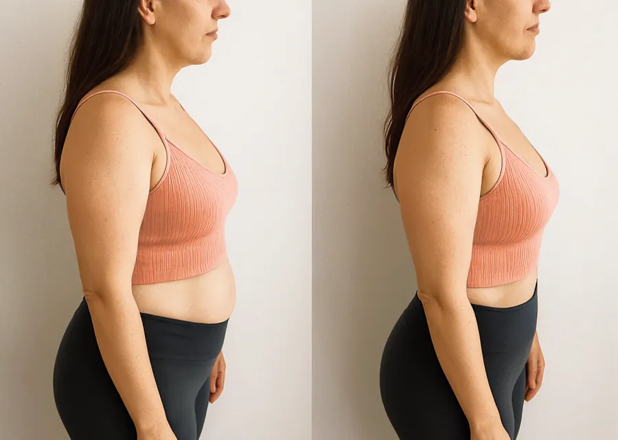 Avant après Cortisol Manager, ventre plus plat de profil