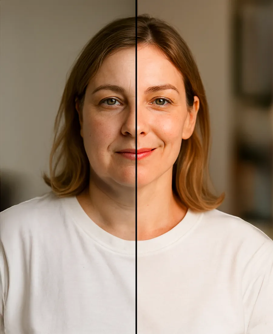 Avant après Cortisol Manager, visage moins gonflé et traits reposés