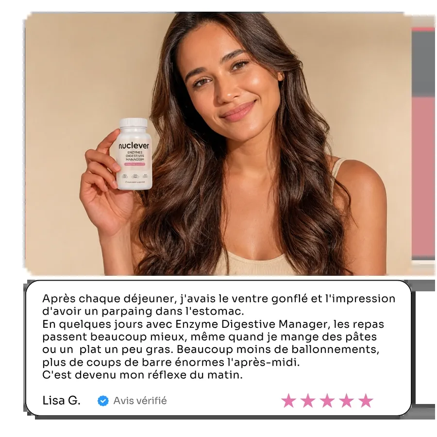 Avis client Enzymes Digestives — Lisa G., moins de ballonnements après les repas